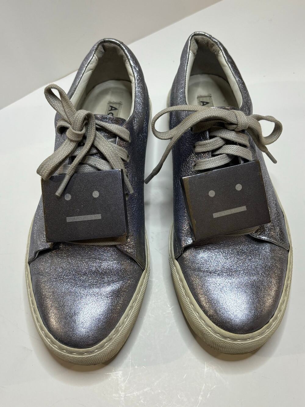 Acne Studios Adriana Metallic Silver Leather Face Sneakers Women’s Sz 37/ US 7